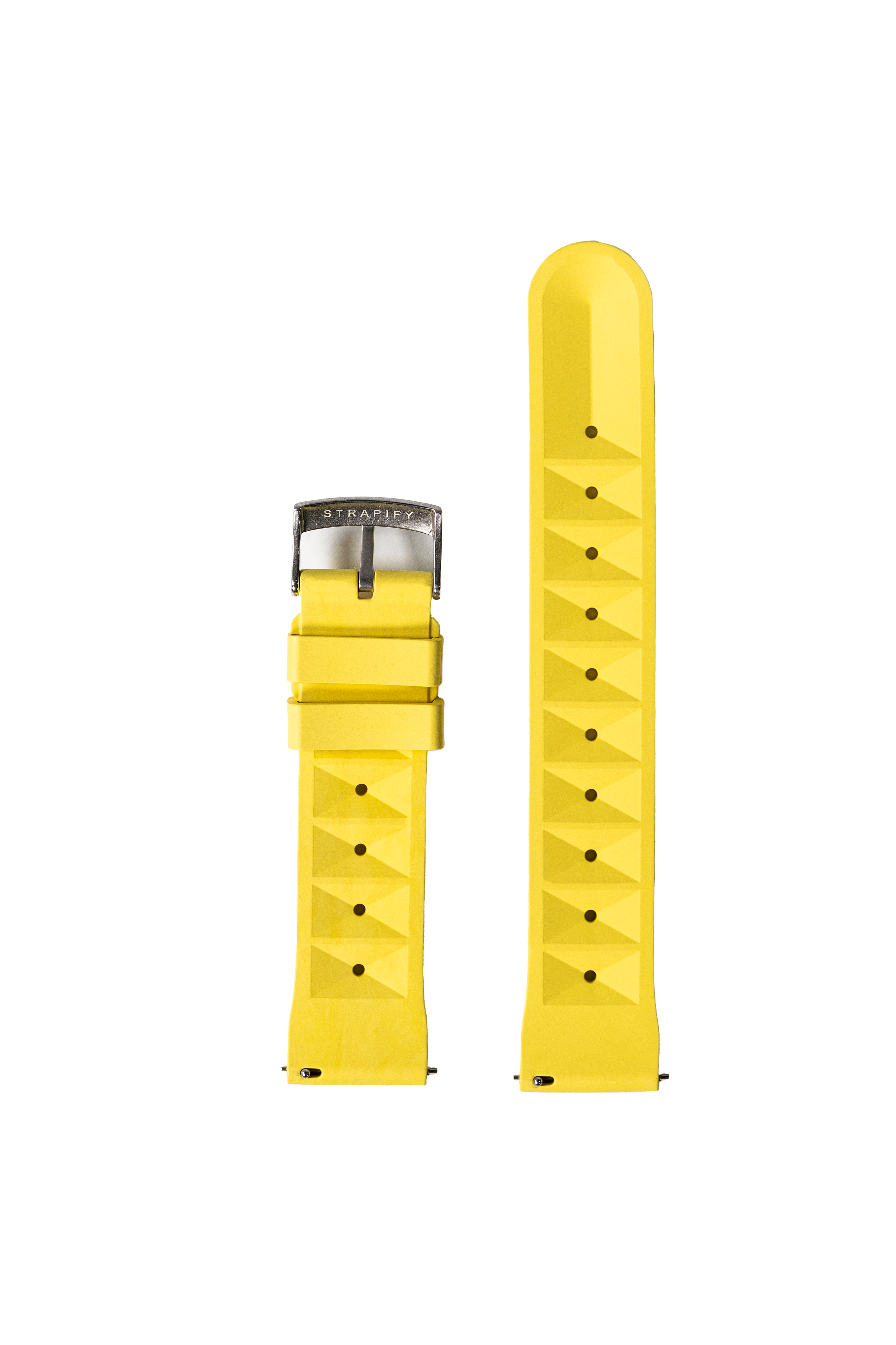 Bright banana yellow quick release watch strap with diamond pattern texture, stainless steel buckle, shown in two length options