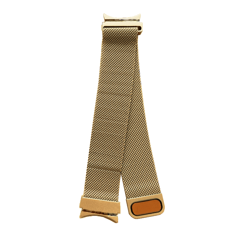 Gold Milanese mesh smartwatch band with magnetic closure and leather accent pad for Galaxy Watch 4-7