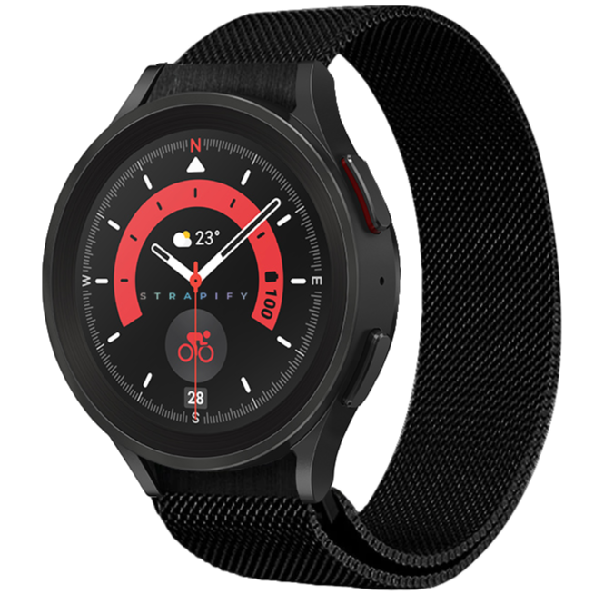 Black Milanese mesh smartwatch band with sport watch face displaying time and weather information