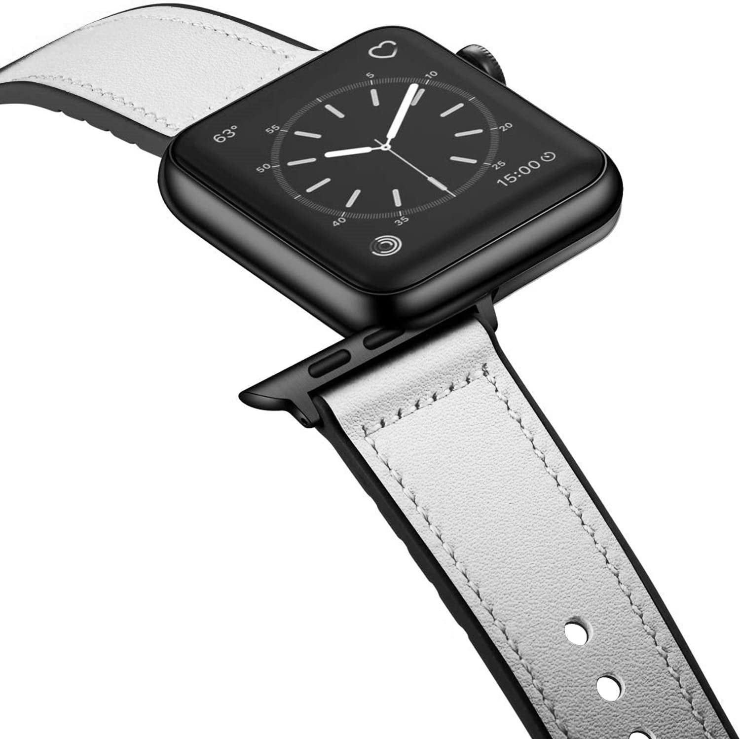 Black smartwatch with white leather hybrid band showing analog watch face and digital time display