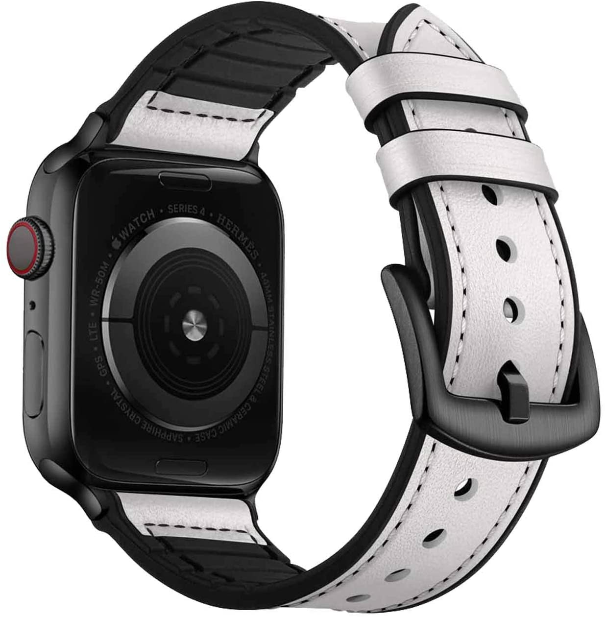 Black smartwatch Series 4 with white and black leather hybrid silicone band featuring stitching detail and buckle clasp