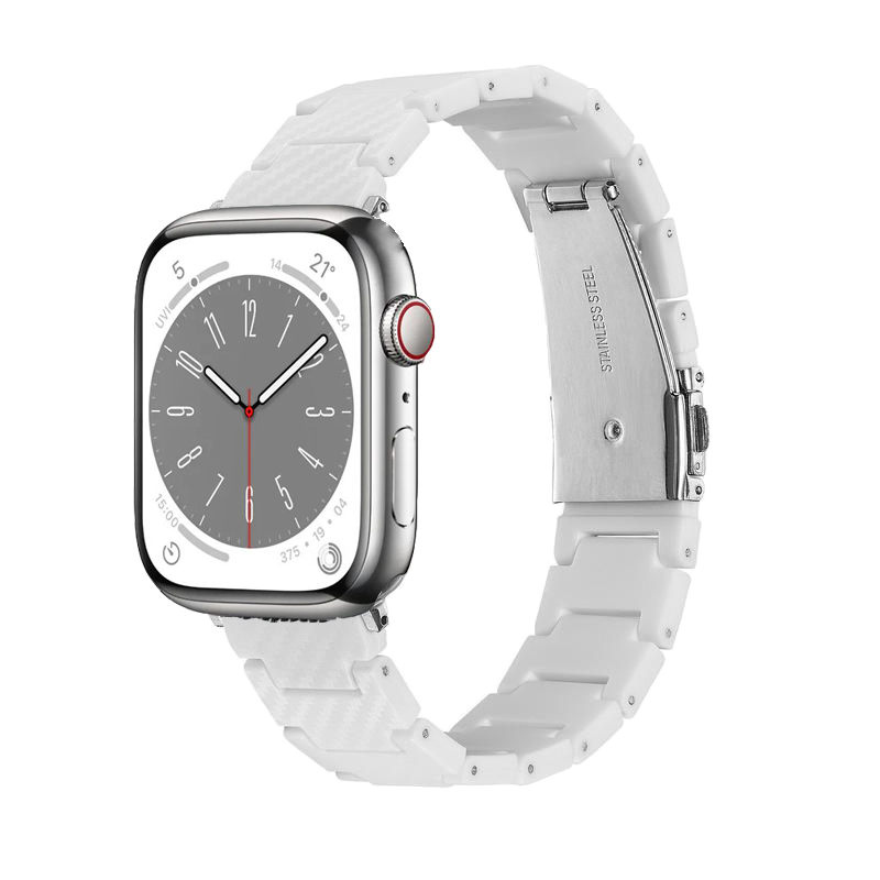 Silver stainless steel smartwatch with white carbon fiber bracelet and red digital crown