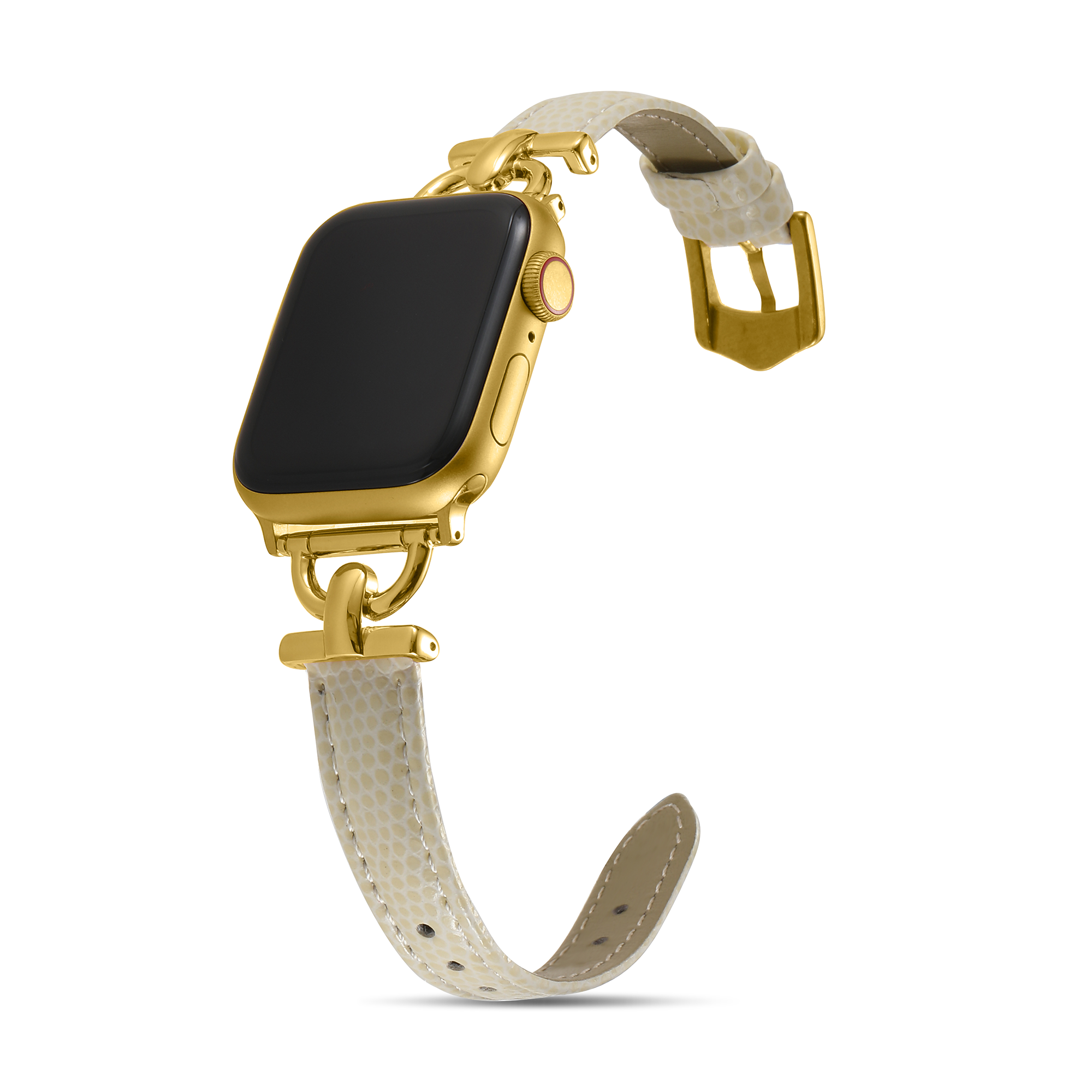 Gold plated smartwatch with cream leather perforated band and gold chain link connectors