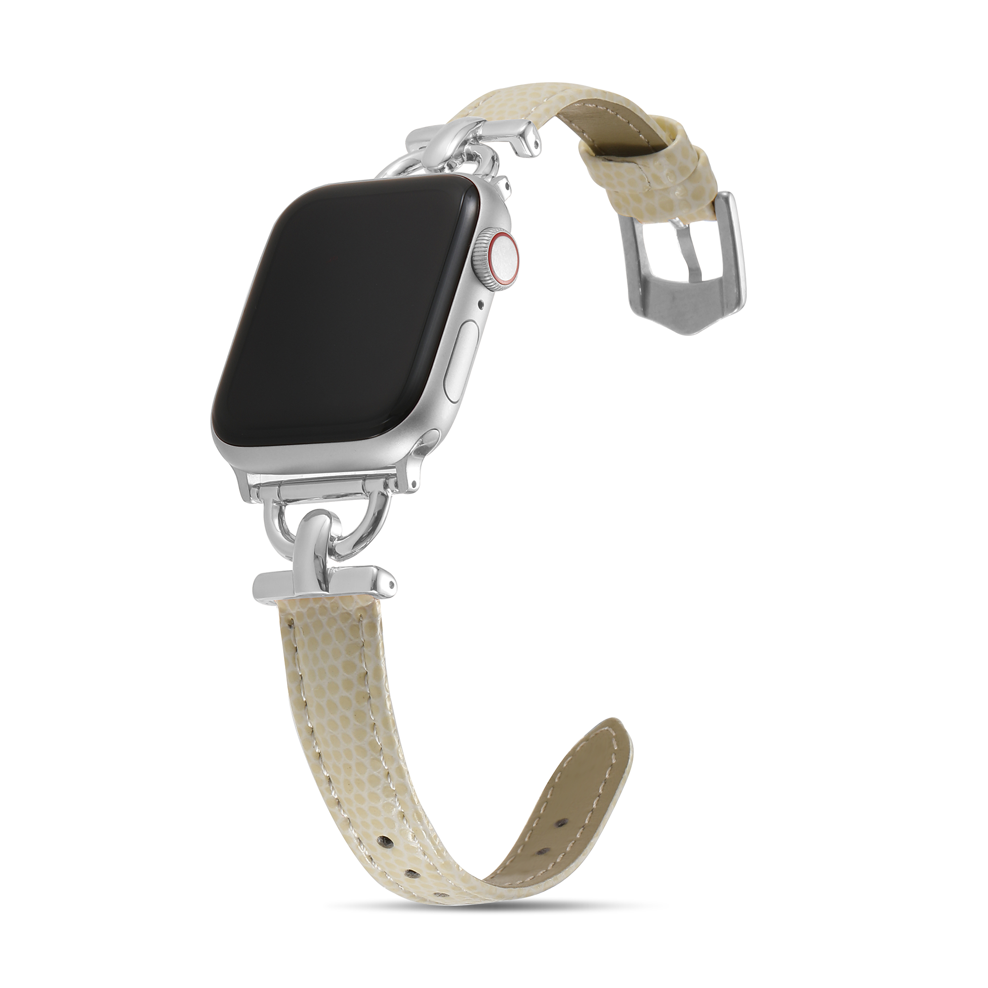 Silver Apple Watch with cream perforated leather band and silver metal connectors on white background