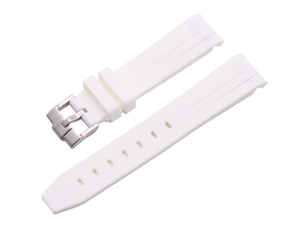 White curved rubber watch band with metal buckle clasp and adjustment holes