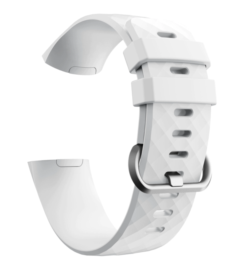 White silicone watch band with adjustable buckle closure for Fitbit Charge 3 and 4 fitness trackers