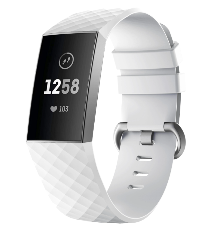 White silicone band replacement for Fitbit Charge 3 and 4 fitness tracker with flexible quilted design