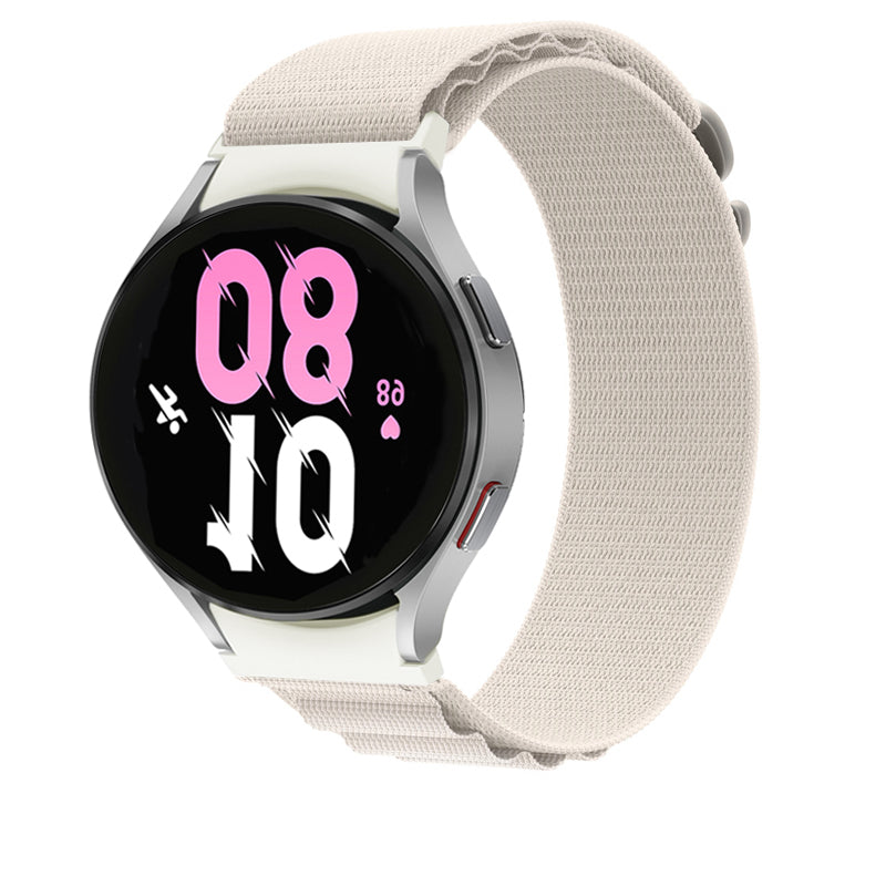 Silver Galaxy Watch with beige Alpine Loop fabric band displaying pink digital time on black face