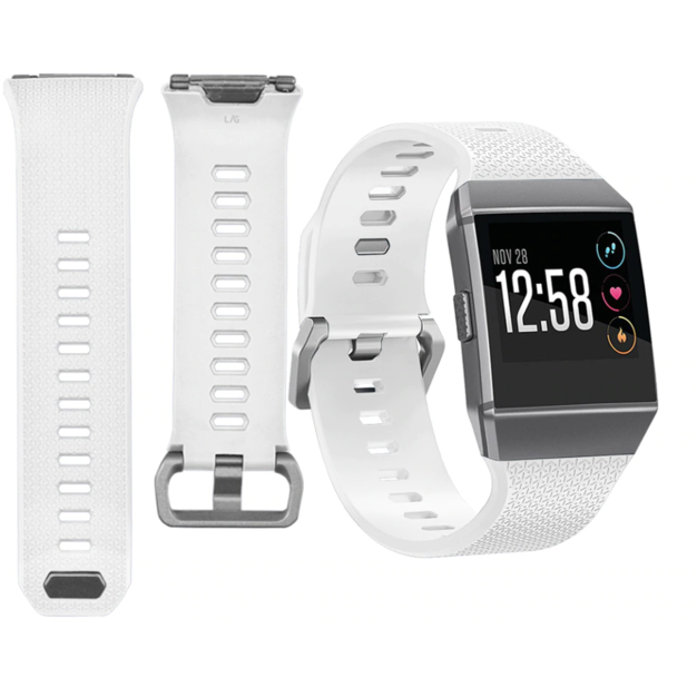 Fitbit Ionic smartwatch with white silicone band and two additional white sport bands with gray hardware