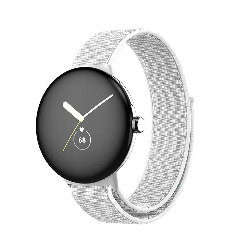 Silver sports loop smartwatch with black digital face showing time and heart rate monitor at 68 BPM