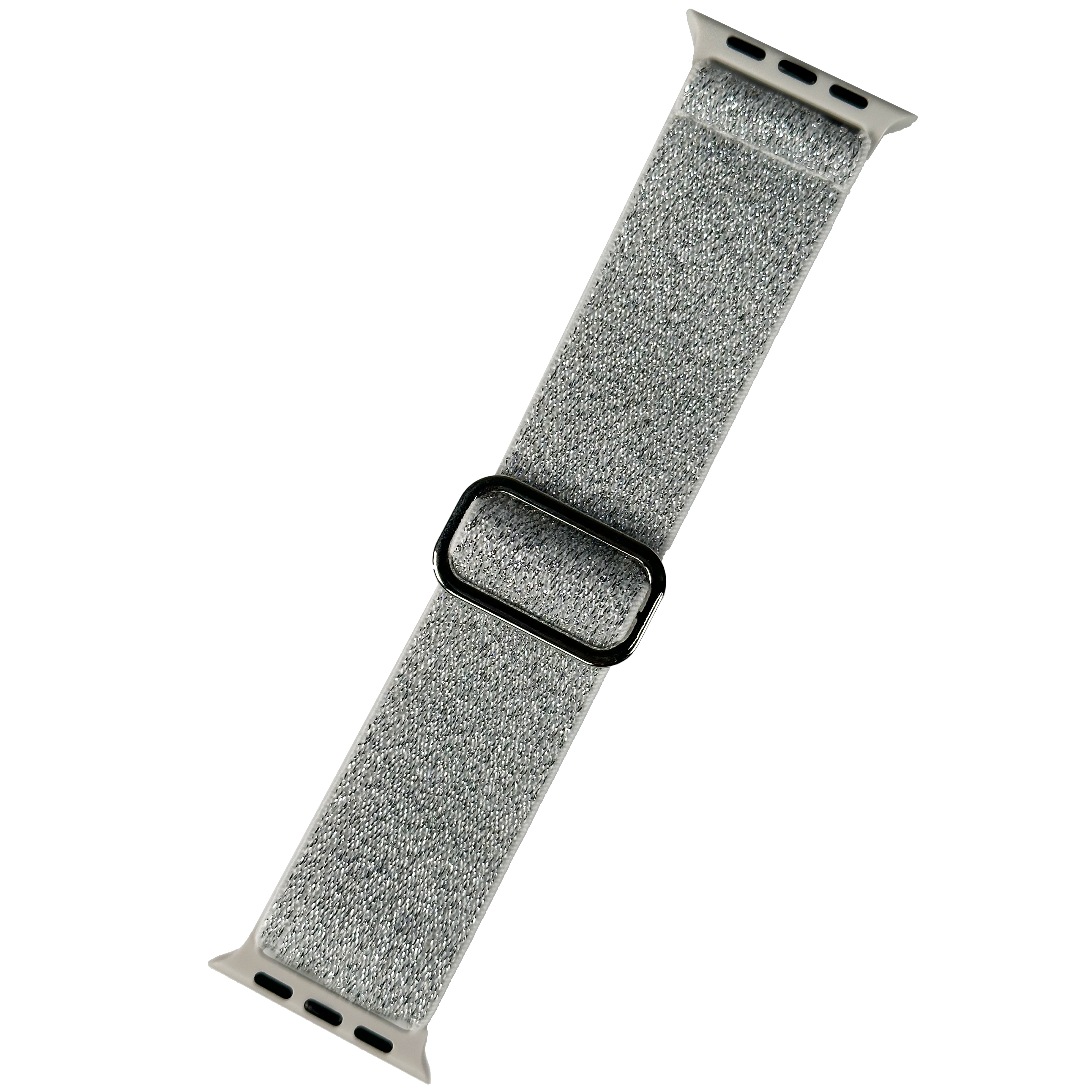 Gray sparkle weave Apple Watch band with silver aluminum connector and black adjustable loop closure