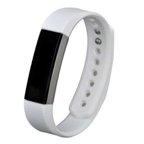 White silicone fitness tracker band with black rectangular display and adjustable strap with ventilation holes