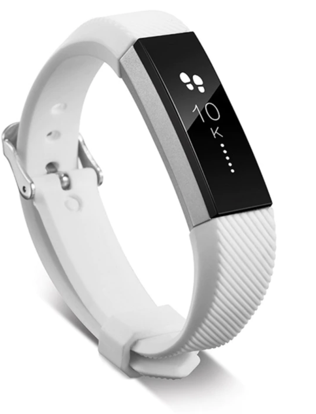 White silicone fitness tracker band with buckle closure and black rectangular display showing time and activity metrics