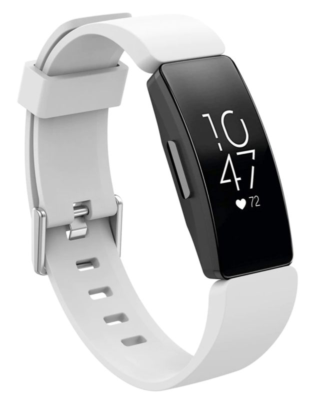 White silicone sport band for Fitbit Inspire HR fitness tracker with silver buckle closure and ventilation holes