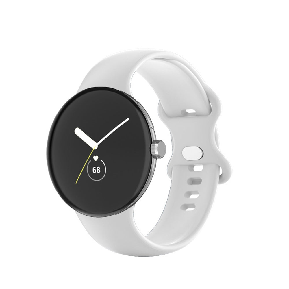 White silicone smartwatch with black round display showing time and heart rate monitor dial at 68 BPM