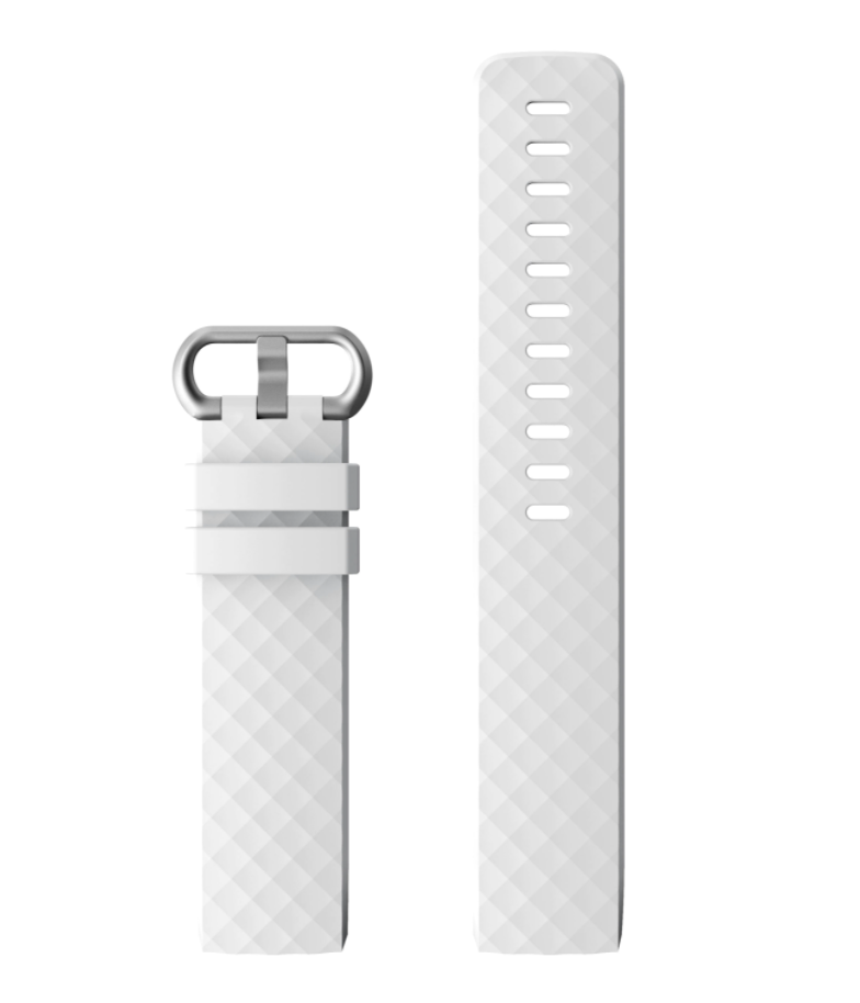 White silicone replacement watch band for Fitbit Charge 3 and 4 with metal buckle and ventilation holes