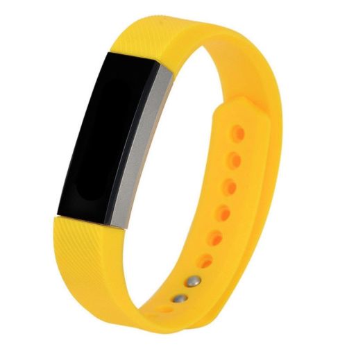 Yellow silicone fitness tracker band with black display screen and adjustable strap with ventilation holes