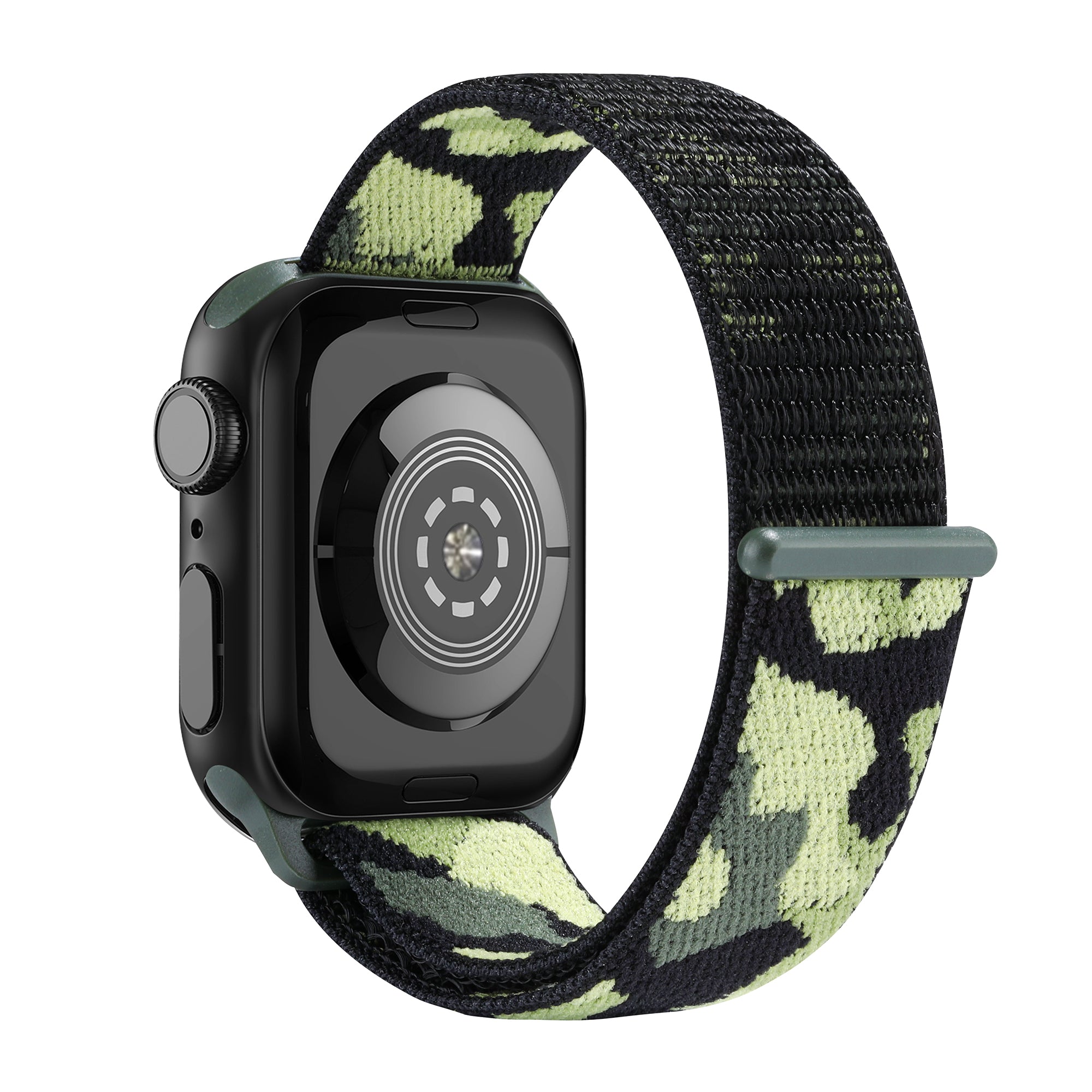 Black smartwatch with camo green and black fabric sport loop band with velcro closure and metal slider detail