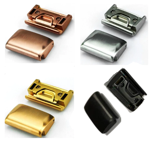 Metal belt buckles in copper, silver, gold and black finishes with quick-release mechanisms
