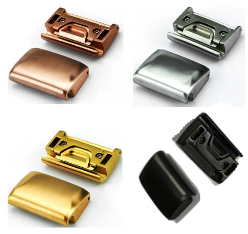 Metal watch band buckles in copper, silver, gold, and black finishes shown assembled and disassembled
