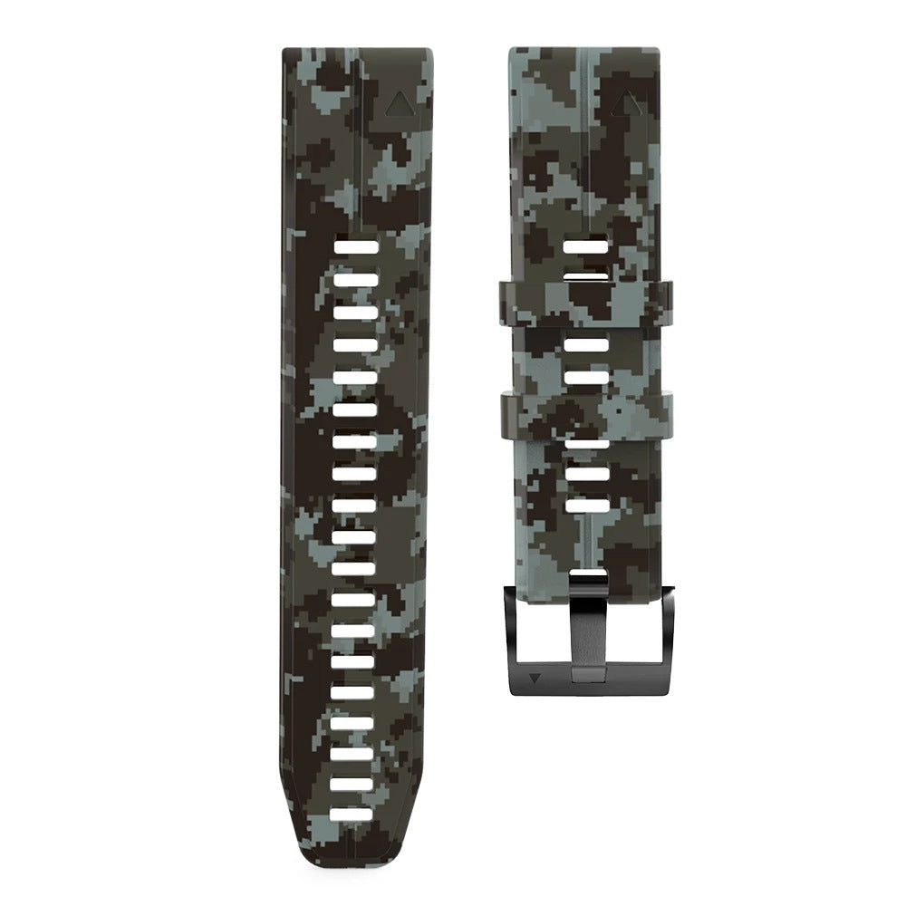 Digital camo QuickFit silicone watch band with quick-release pins and adjustable straps in brown and gray