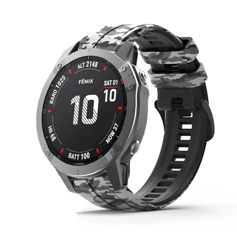 Garmin Fenix smartwatch with white camouflage QuickFit silicone band and gray titanium case