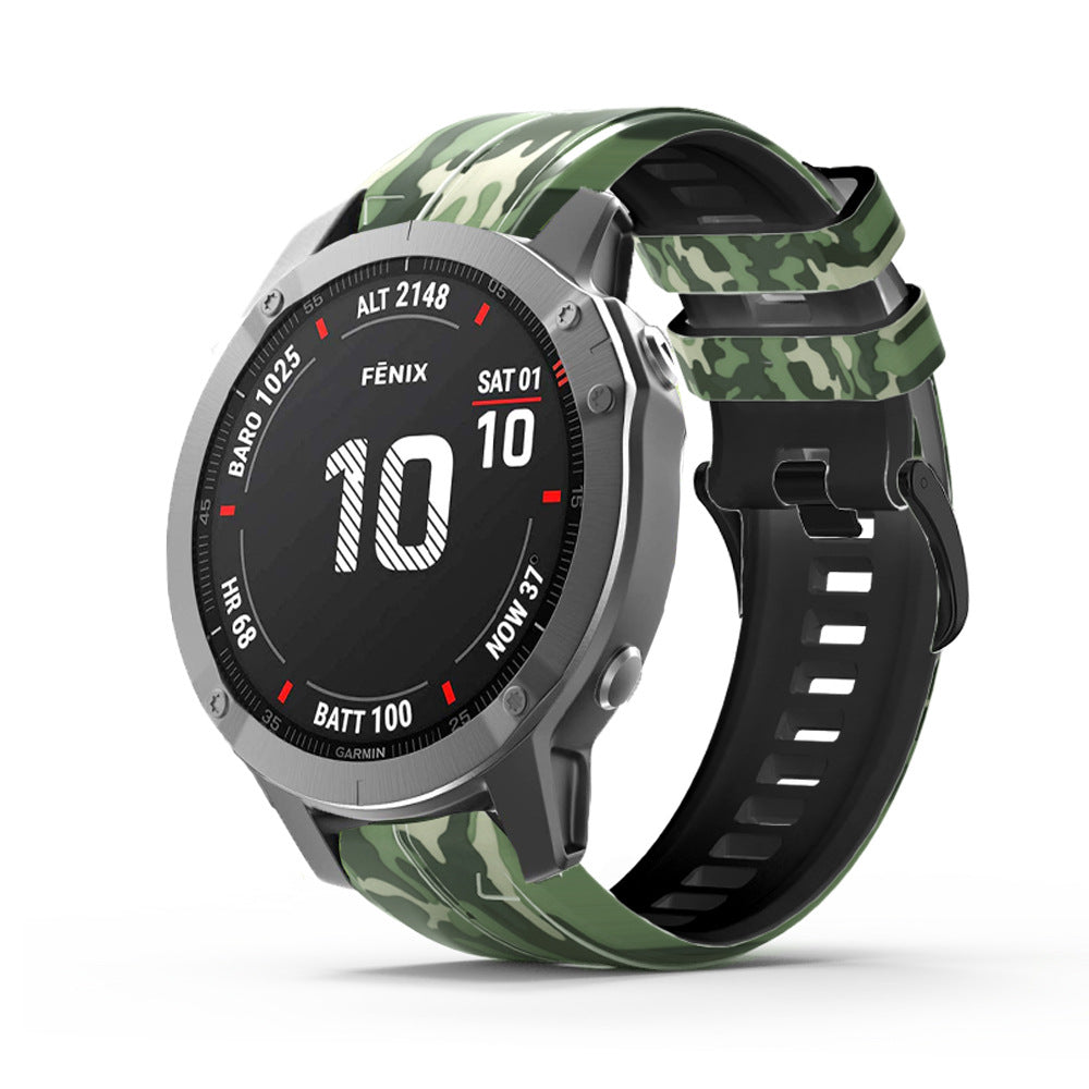 Garmin Fenix 6 smartwatch with camouflage green QuickFit silicone band showing digital display and tactical features