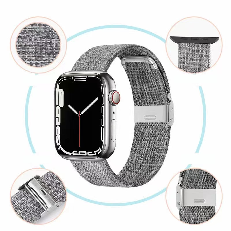 Gray woven canvas Apple Watch band with magnetic clasp and silver connector hardware