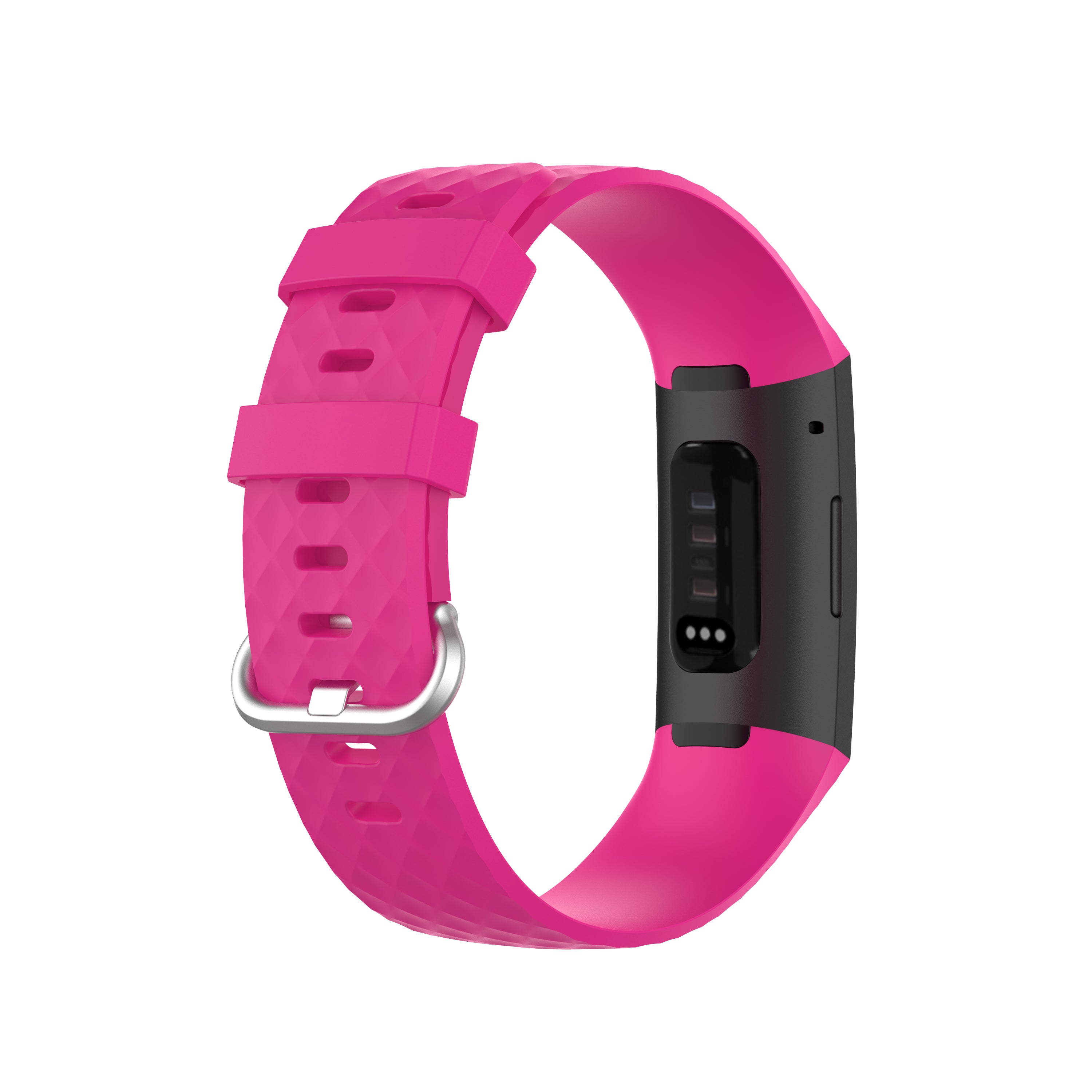 Barbie pink silicone band replacement for Fitbit Charge 3 and 4 fitness tracker with silver buckle closure