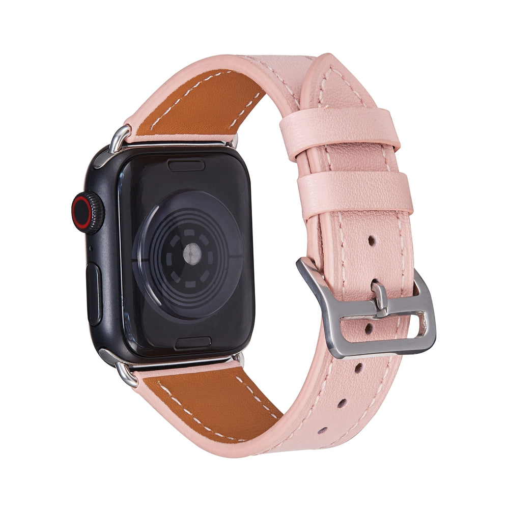 Black smartwatch with light pink leather single tour band and contrasting tan interior lining with white stitching