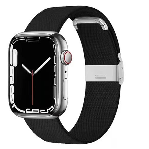 Apple Watch Series 7 silver stainless steel with black canvas sport band and magnetic clasp