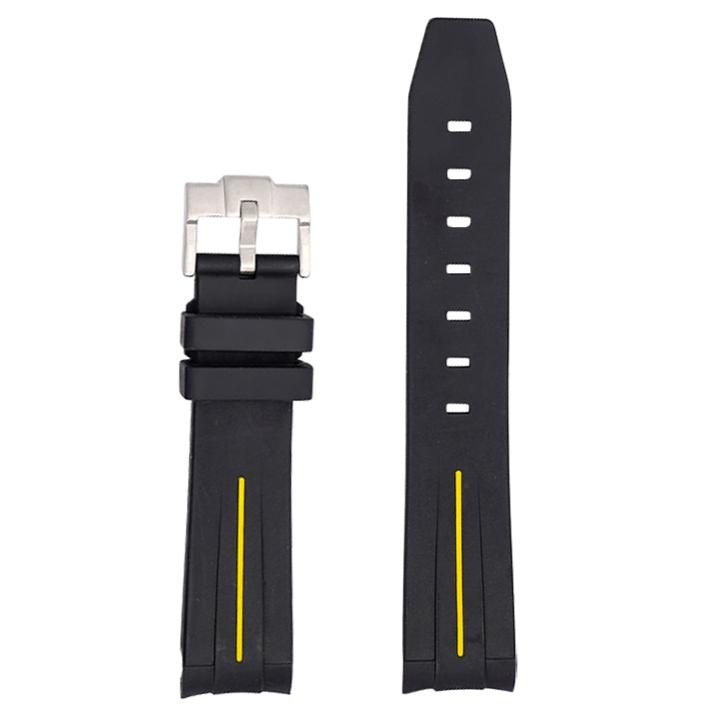 Black rubber watch strap with yellow centerline and silver buckle, shown front and back views