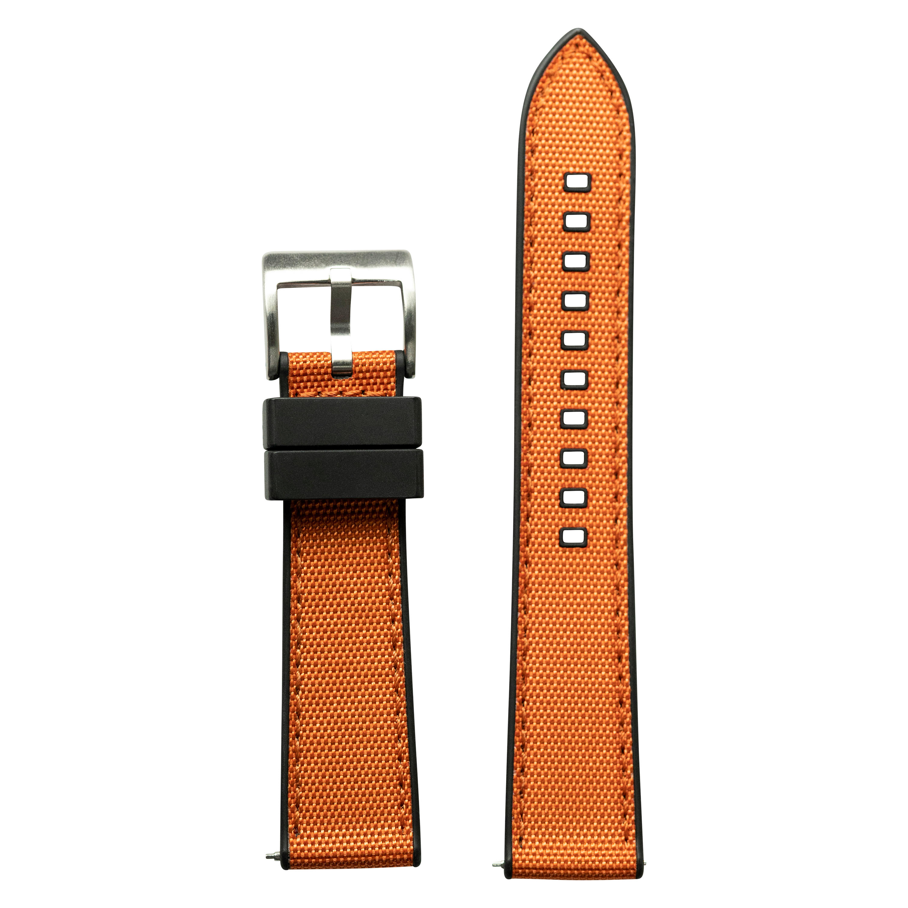 Orange sailcloth quick release watch strap with black FKM rubber hybrid backing and stainless steel buckle
