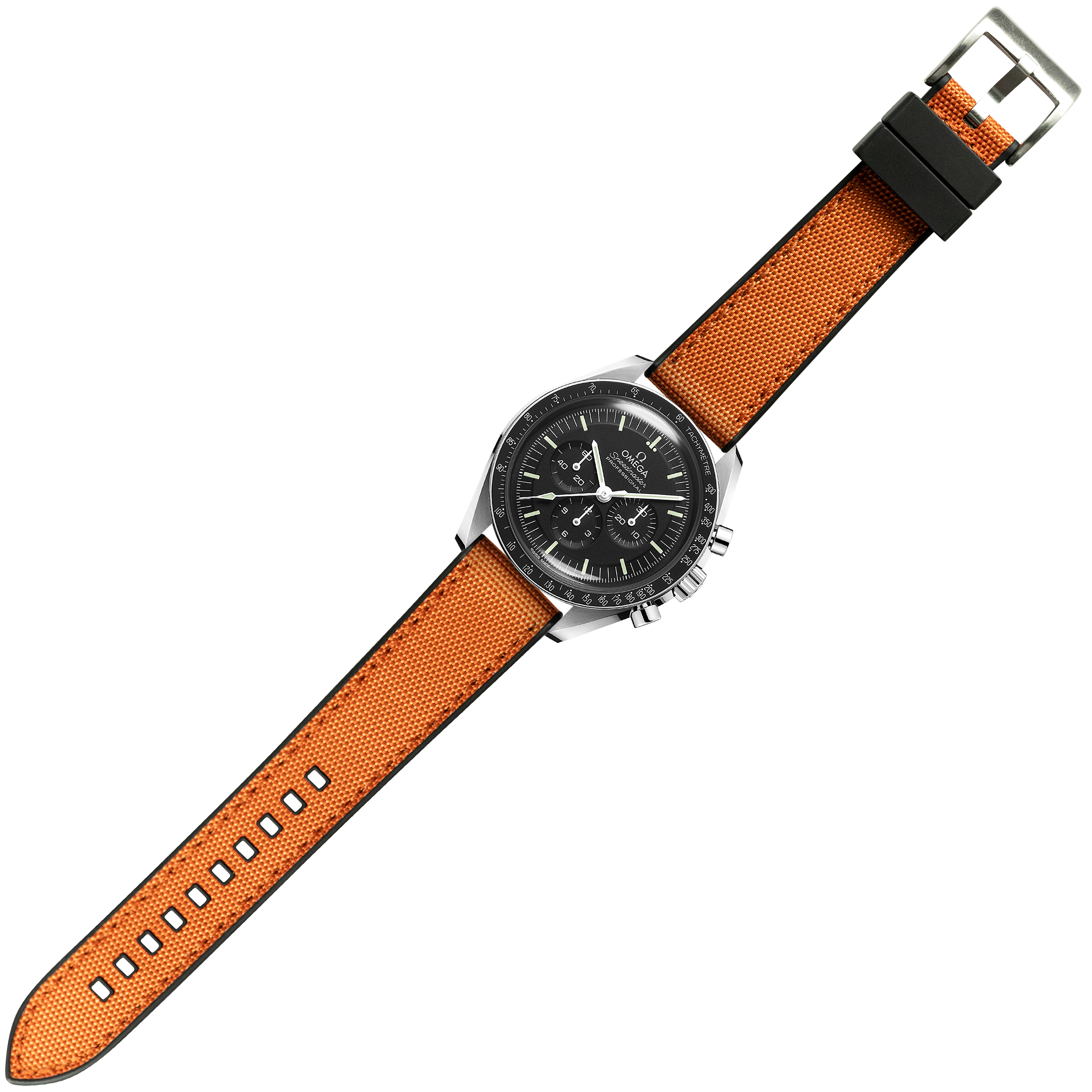Stainless steel chronograph watch with black dial and orange sailcloth hybrid watch band with quick release