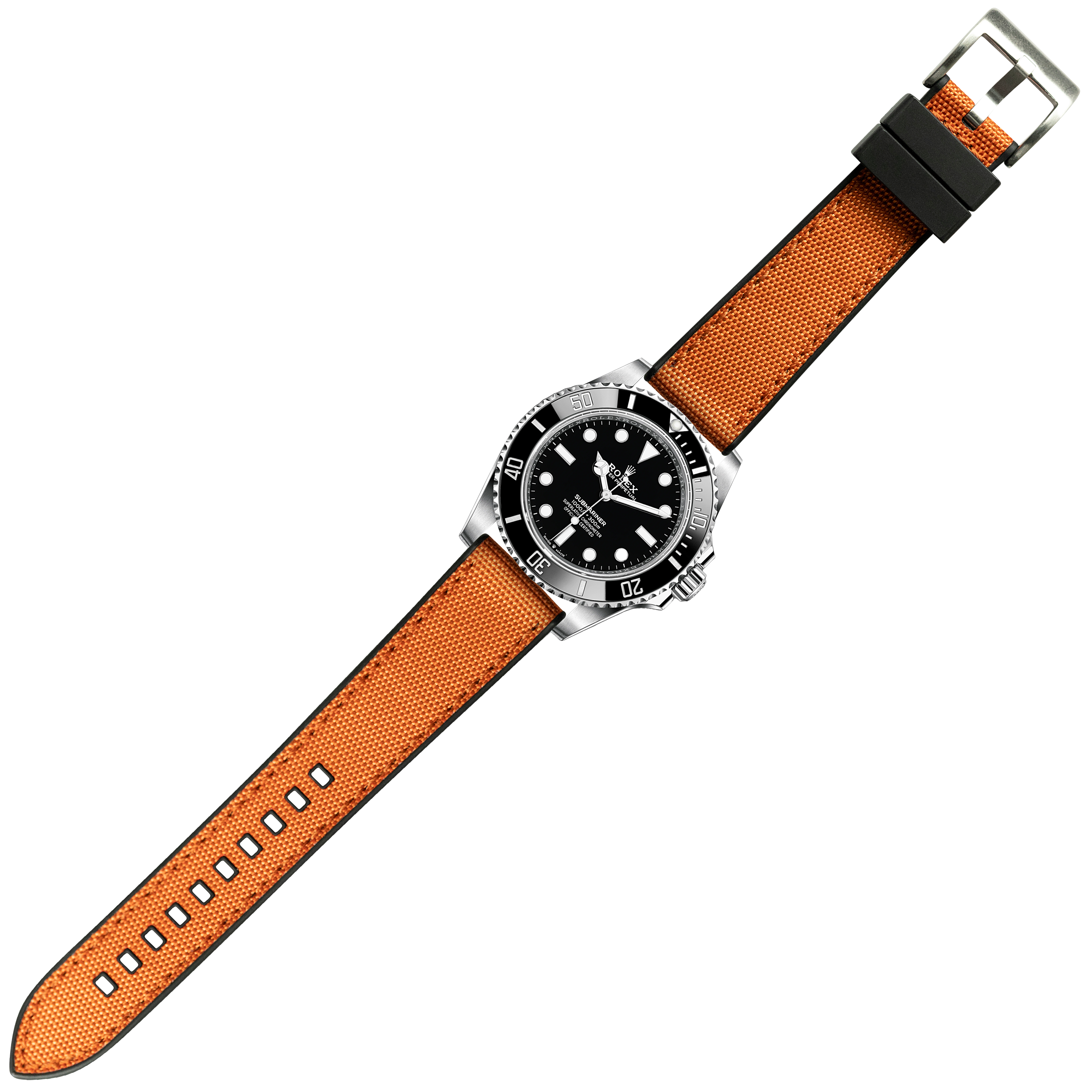 Stainless steel dive watch with black dial and orange sailcloth quick release strap with FKM rubber backing