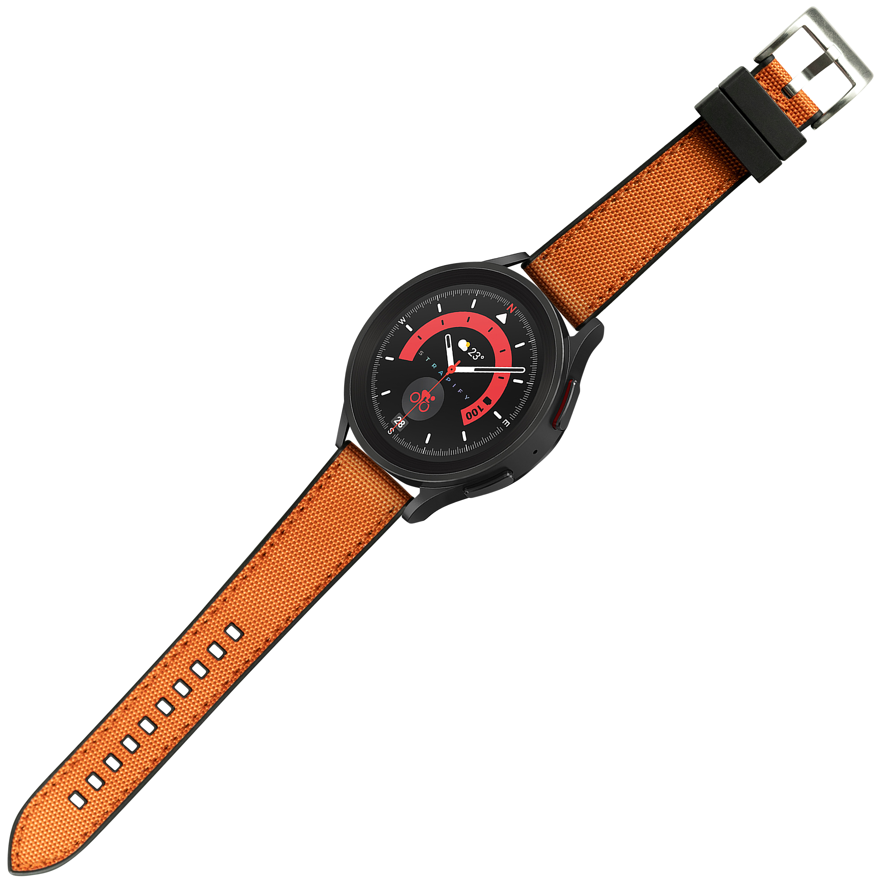 Black dial smartwatch with orange sailcloth and rubber hybrid band, compass bezel and red accents