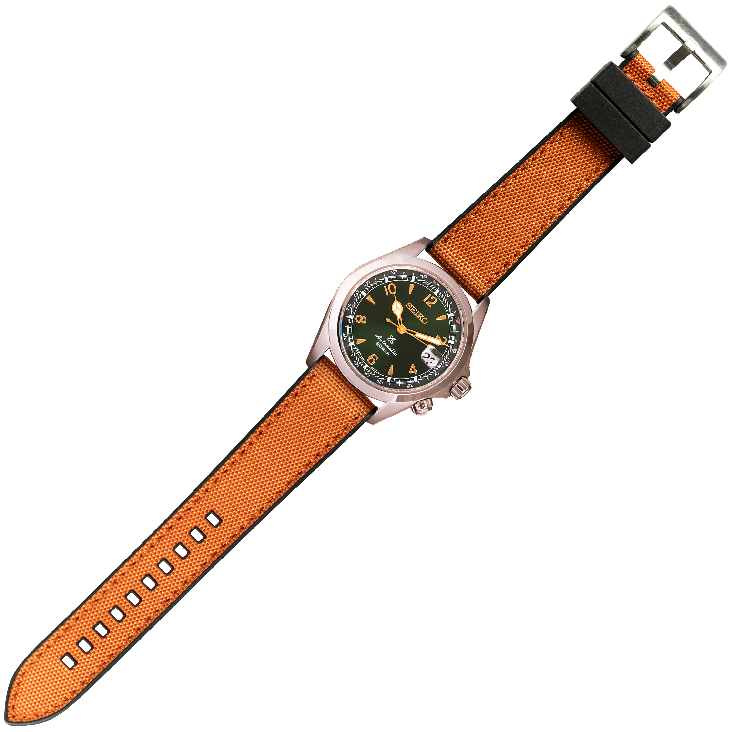 Seiko watch with black dial and gold numerals on orange sailcloth strap with black rubber hybrid quick release band