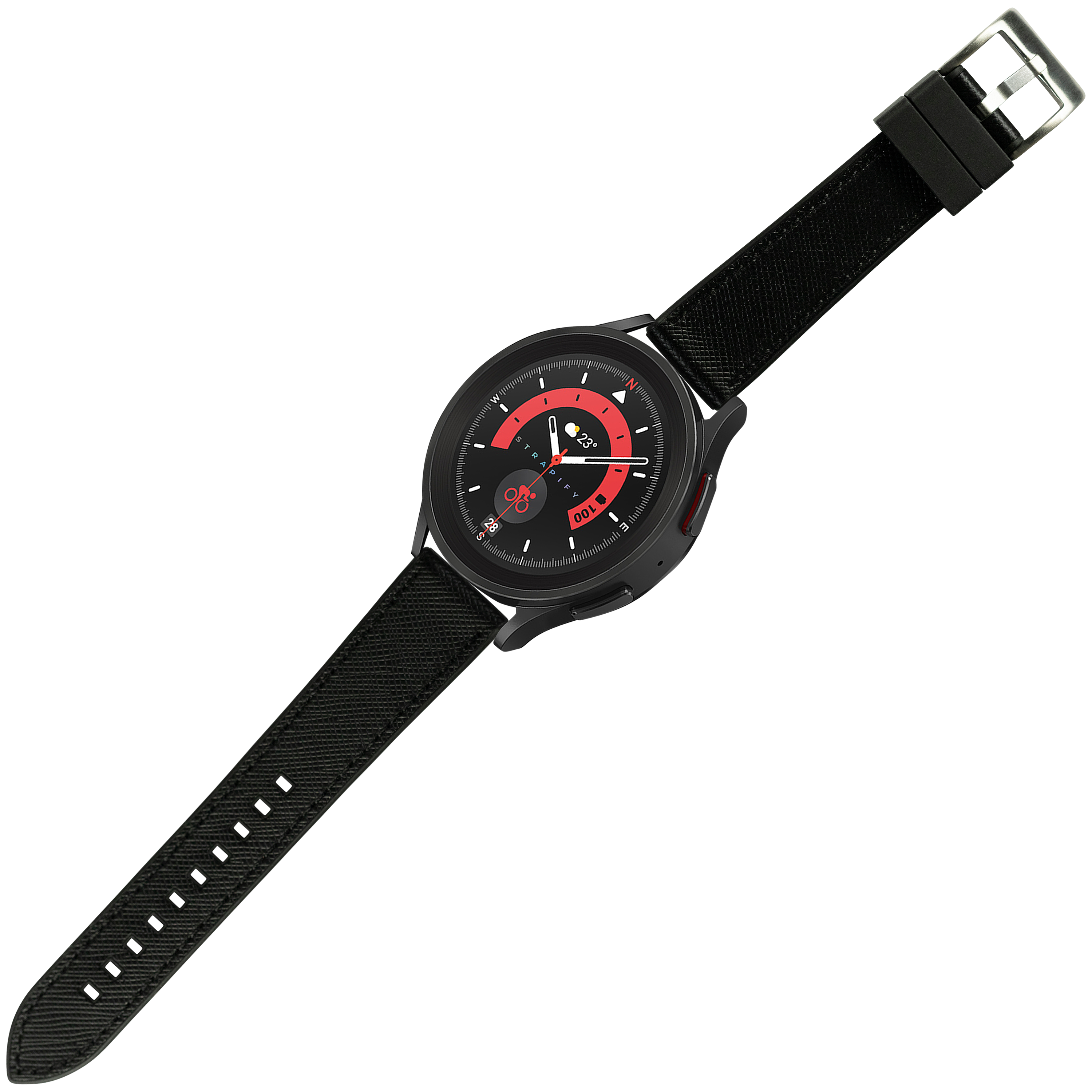 Black hybrid smartwatch with red dial, saffiano leather and rubber strap, quick release buckle, digital display