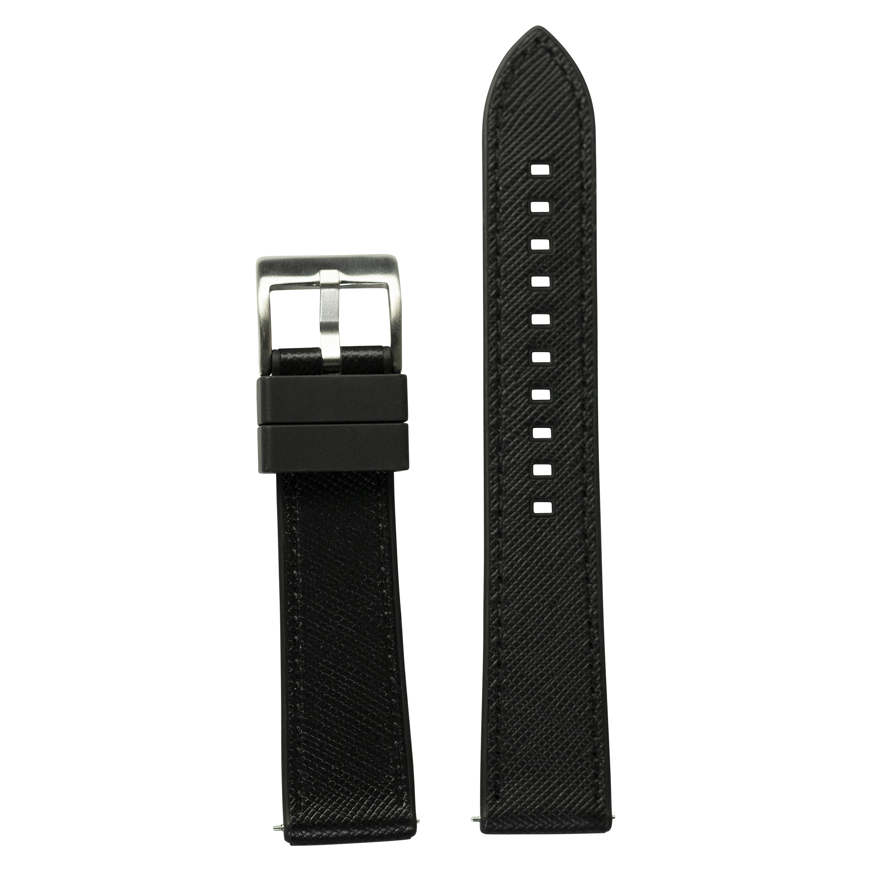 Black saffiano leather and rubber hybrid watch strap with silver buckle and adjustment holes, 22mm QuickFit style