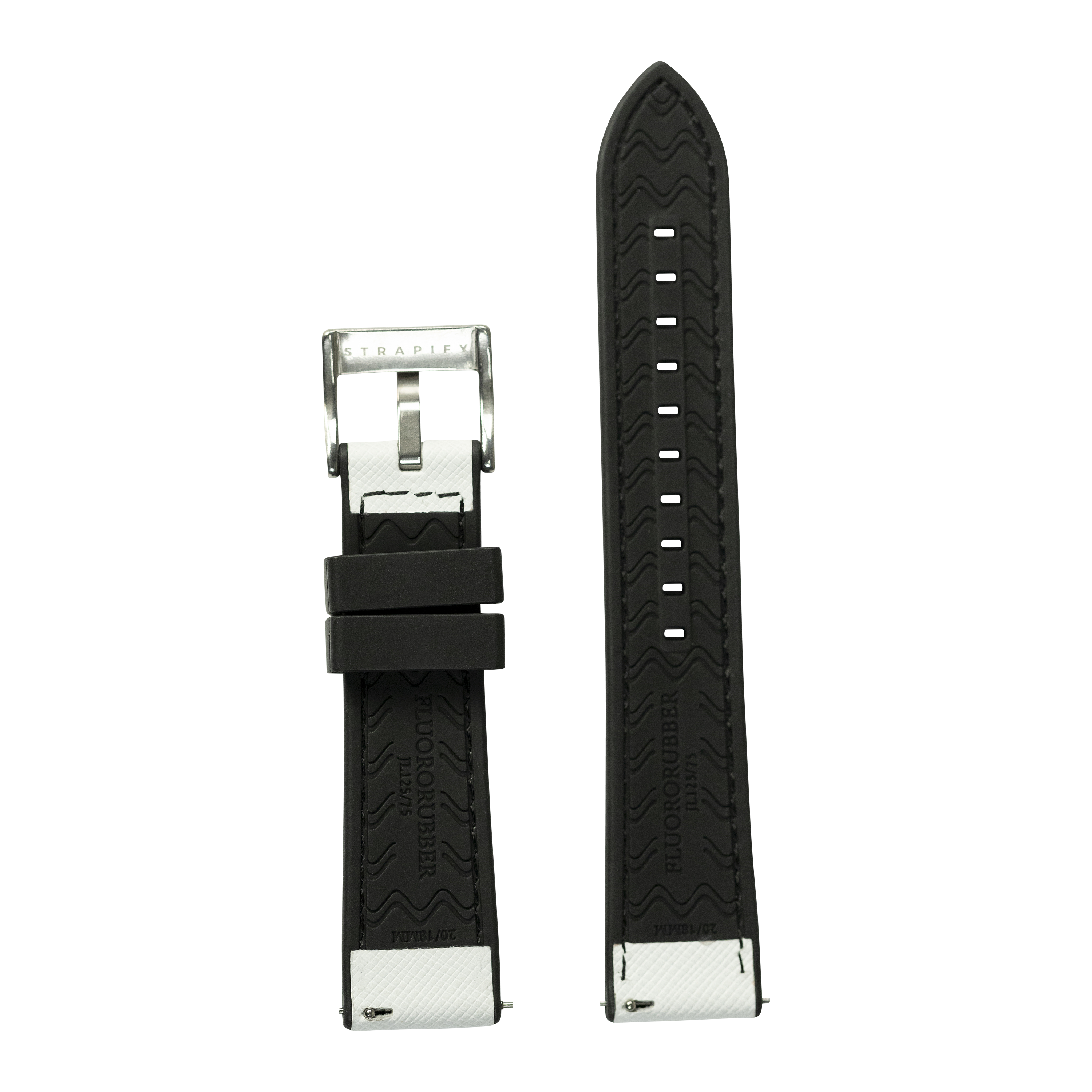 Black Saffiano leather and FKM rubber hybrid watch strap with quick release buckle and white stitching details