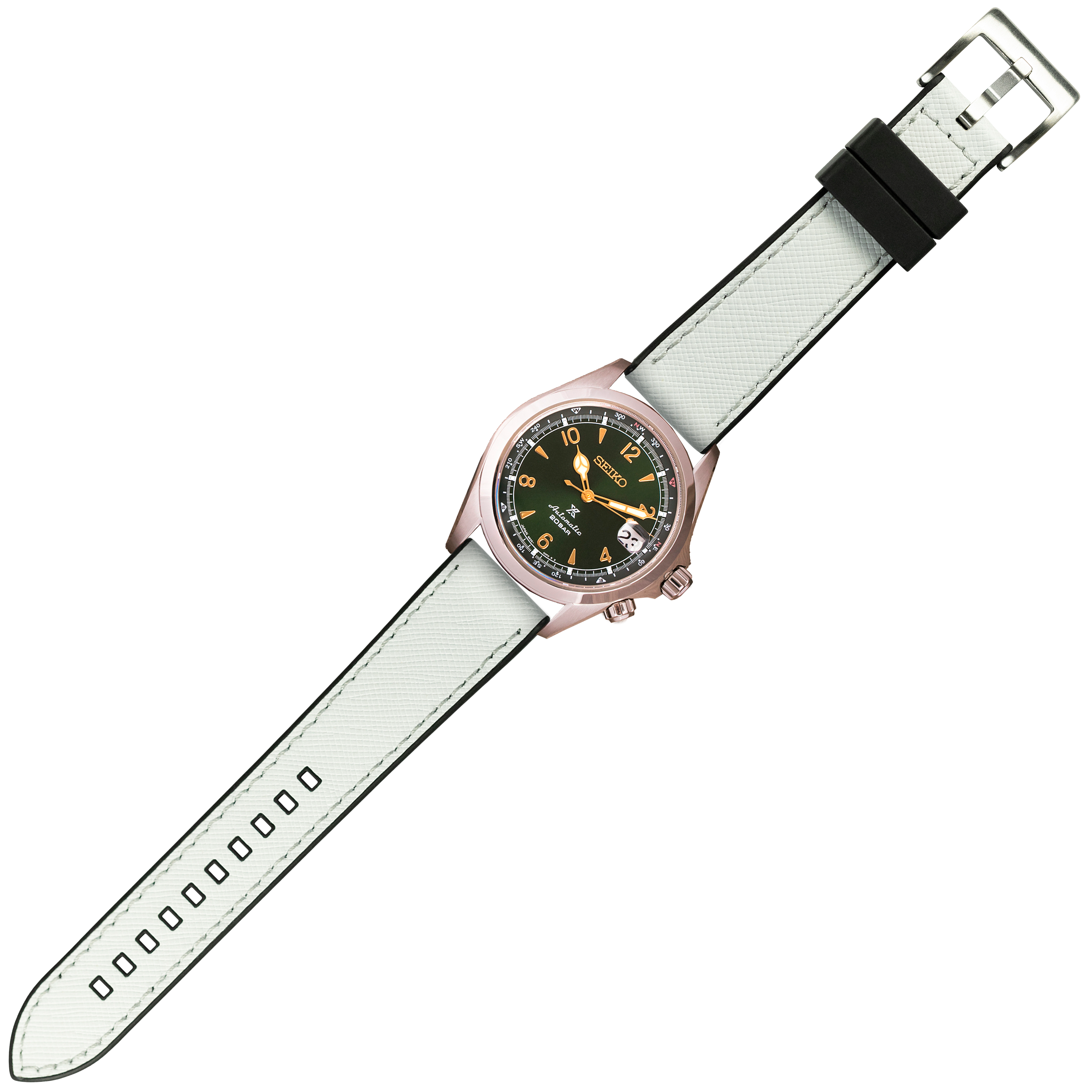 Seiko watch with rose gold case, black dial, orange accents, and white Saffiano leather strap with quick release
