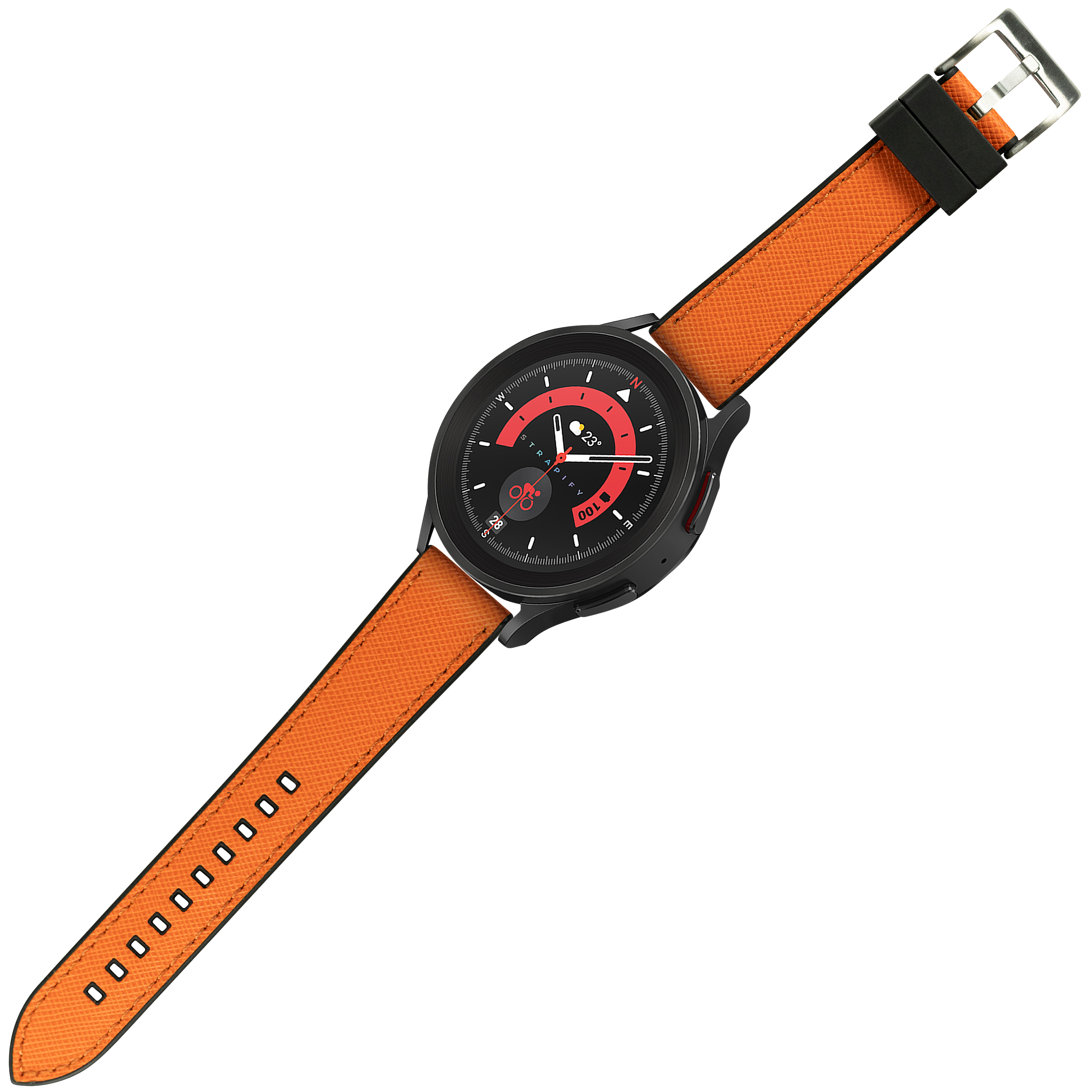 Black smartwatch with red dial and orange Saffiano leather hybrid strap featuring quick release buckle