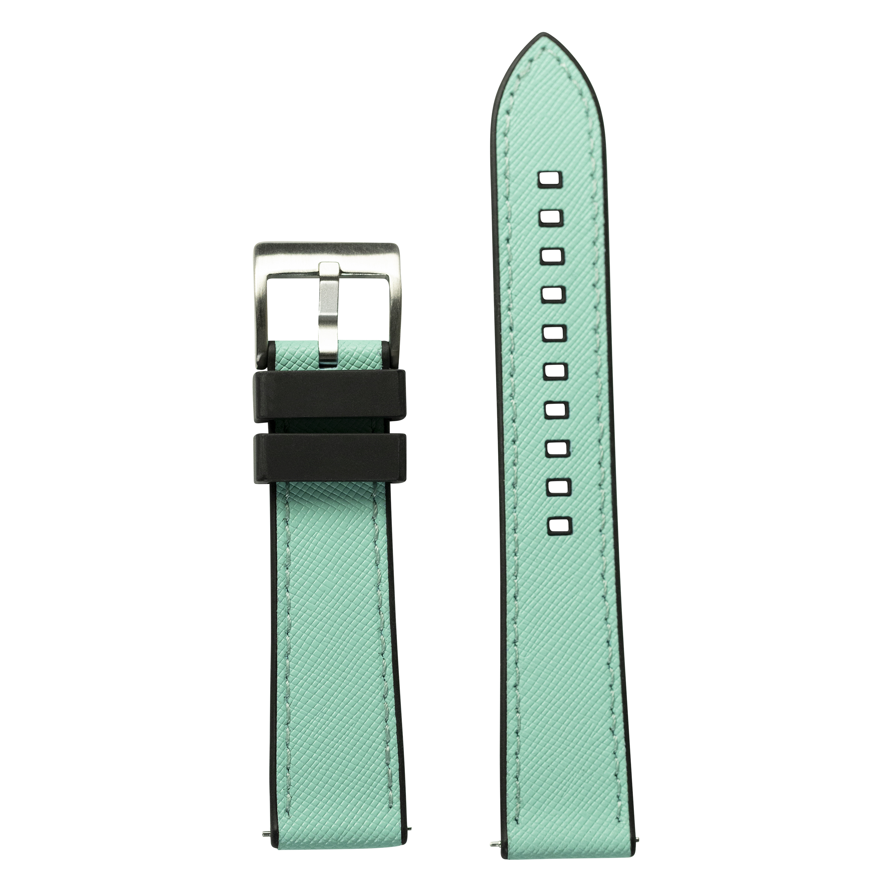 Mint green Saffiano leather quick release watch strap with black FKM rubber hybrid backing and stainless steel buckle