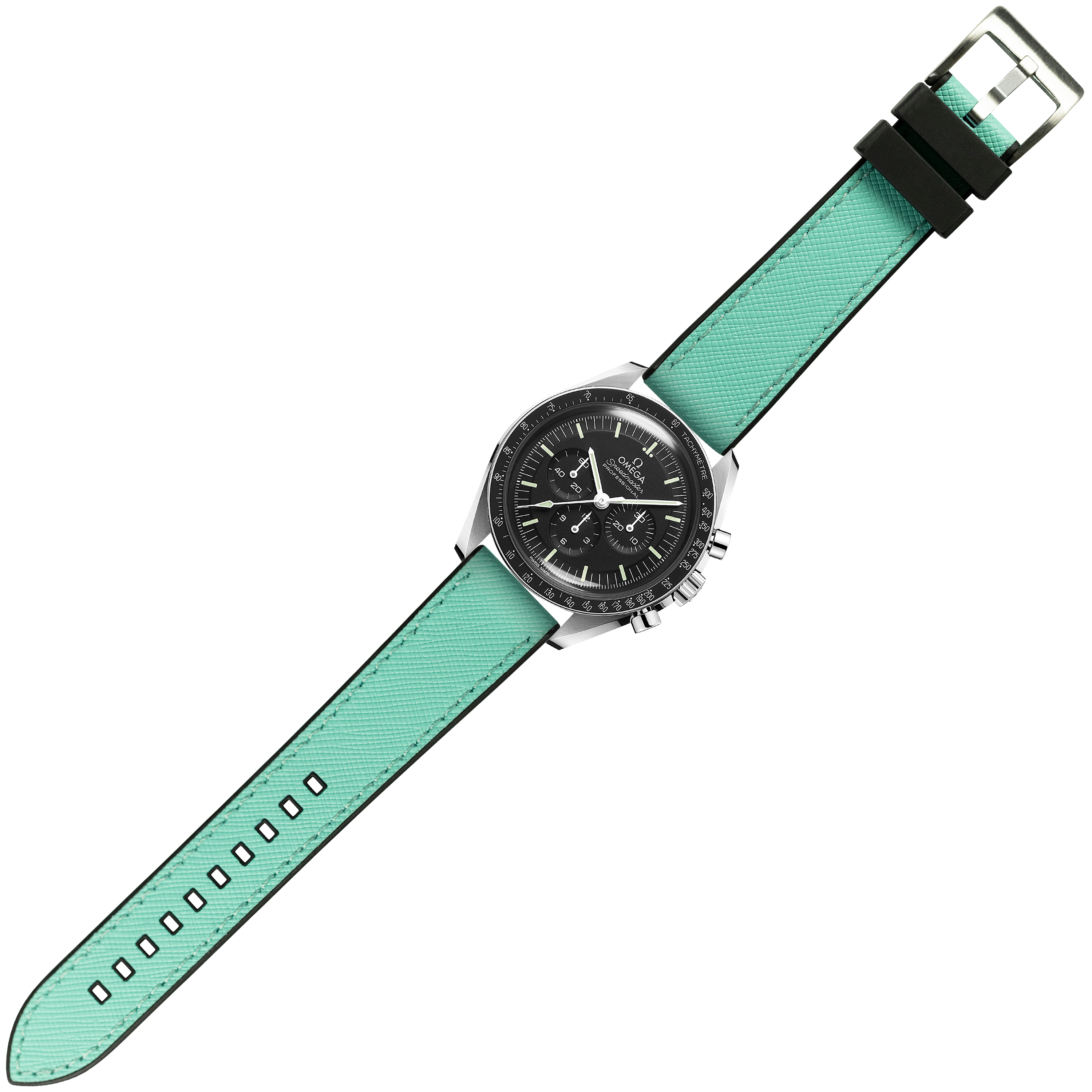 Silver chronograph watch with black dial and turquoise saffiano leather quick release strap with black rubber hybrid band