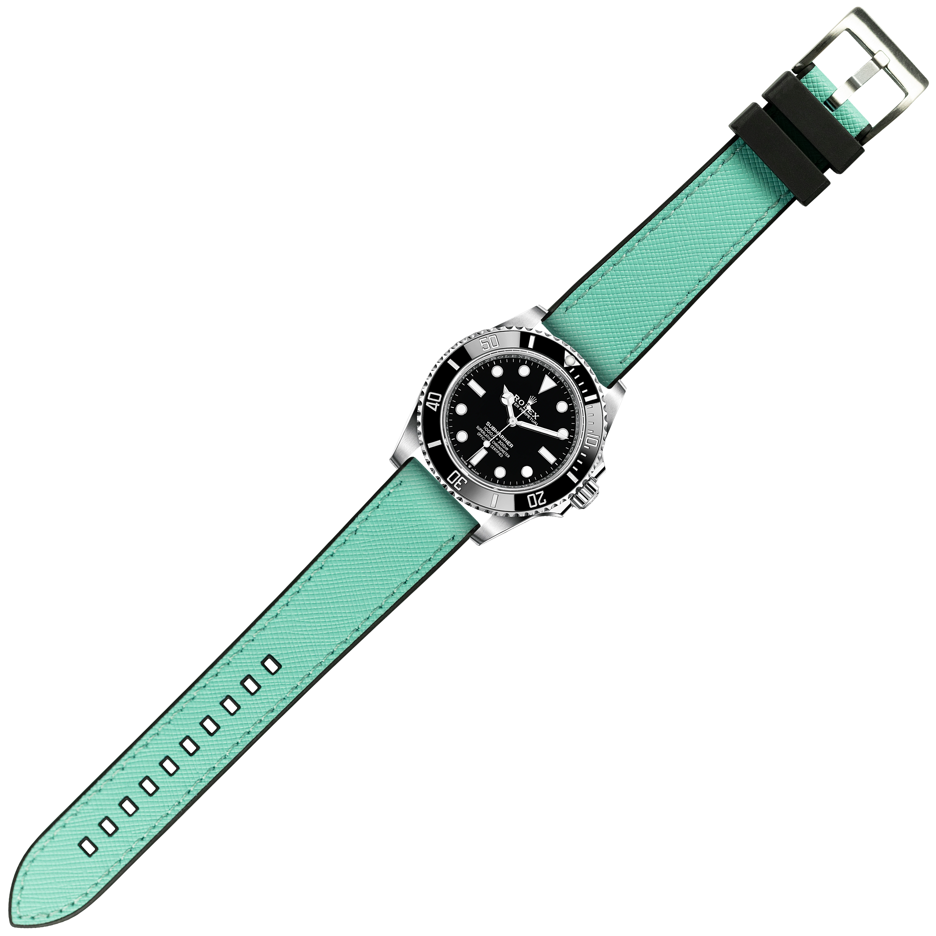 Luxury dive watch with stainless steel case, black dial, and mint green saffiano leather quick release strap with black rubber hybrid band
