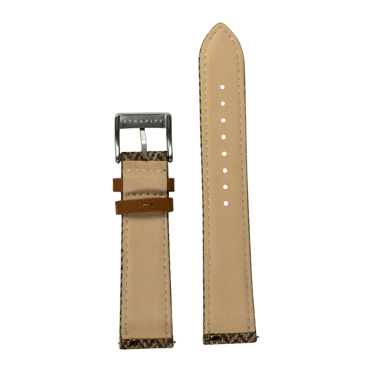 Tan leather watch strap with dark brown Harris Tweed herringbone detail, quick release pins, and metal buckle by Strapify