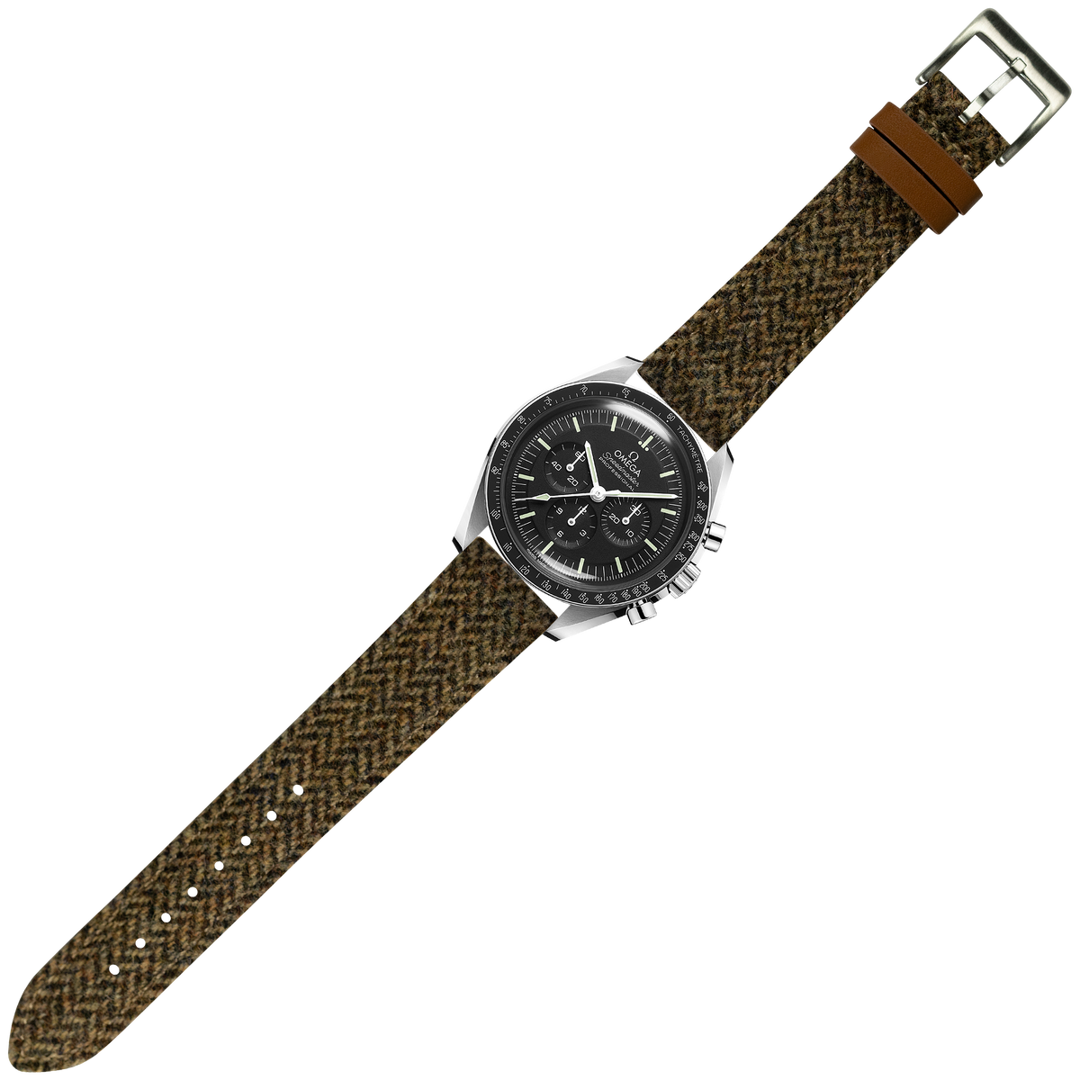 Stainless steel chronograph watch with black dial and tan Harris Tweed herringbone fabric strap with quick release buckle