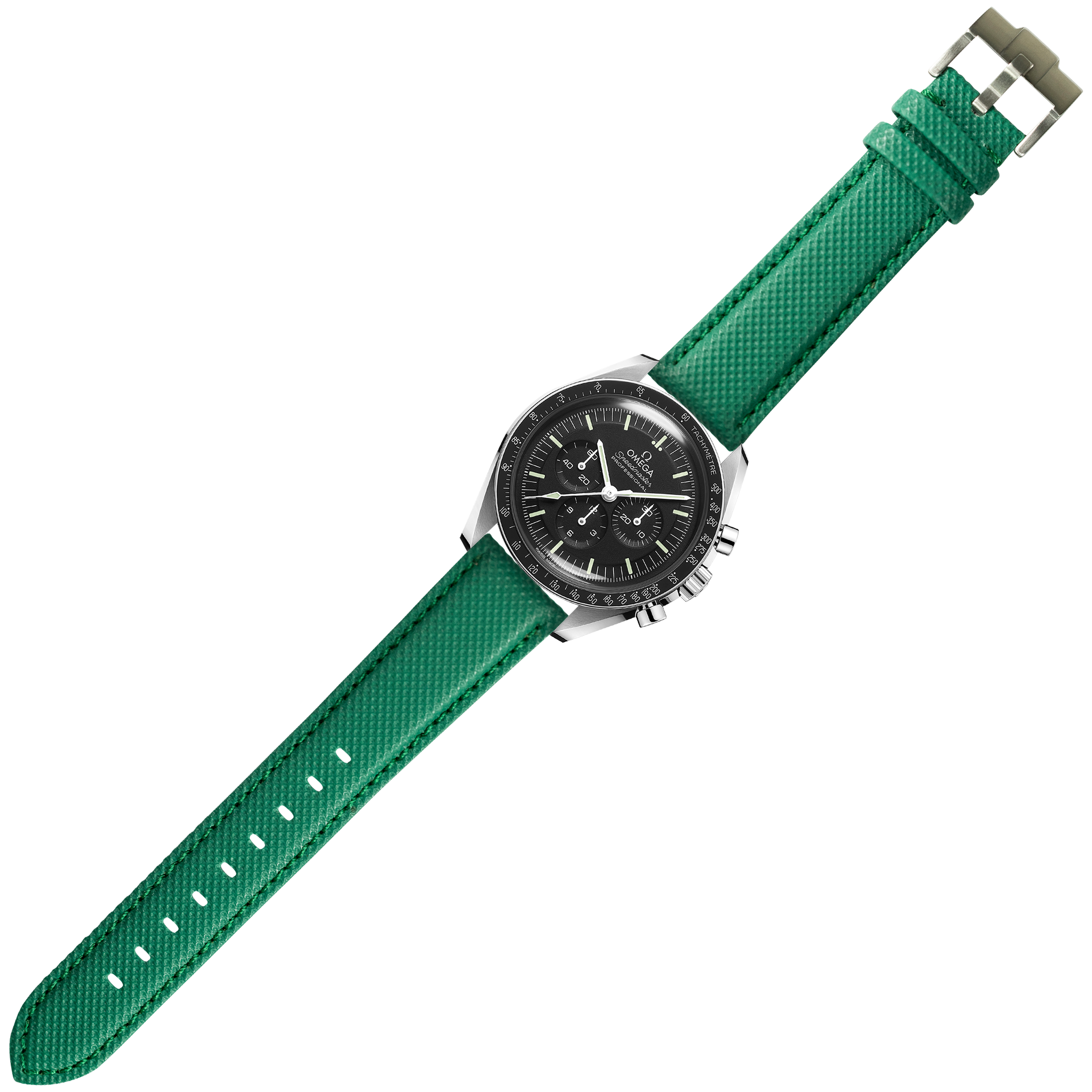 Speedmaster chronograph with stainless steel case and black dial on emerald green sailcloth quick release watch strap
