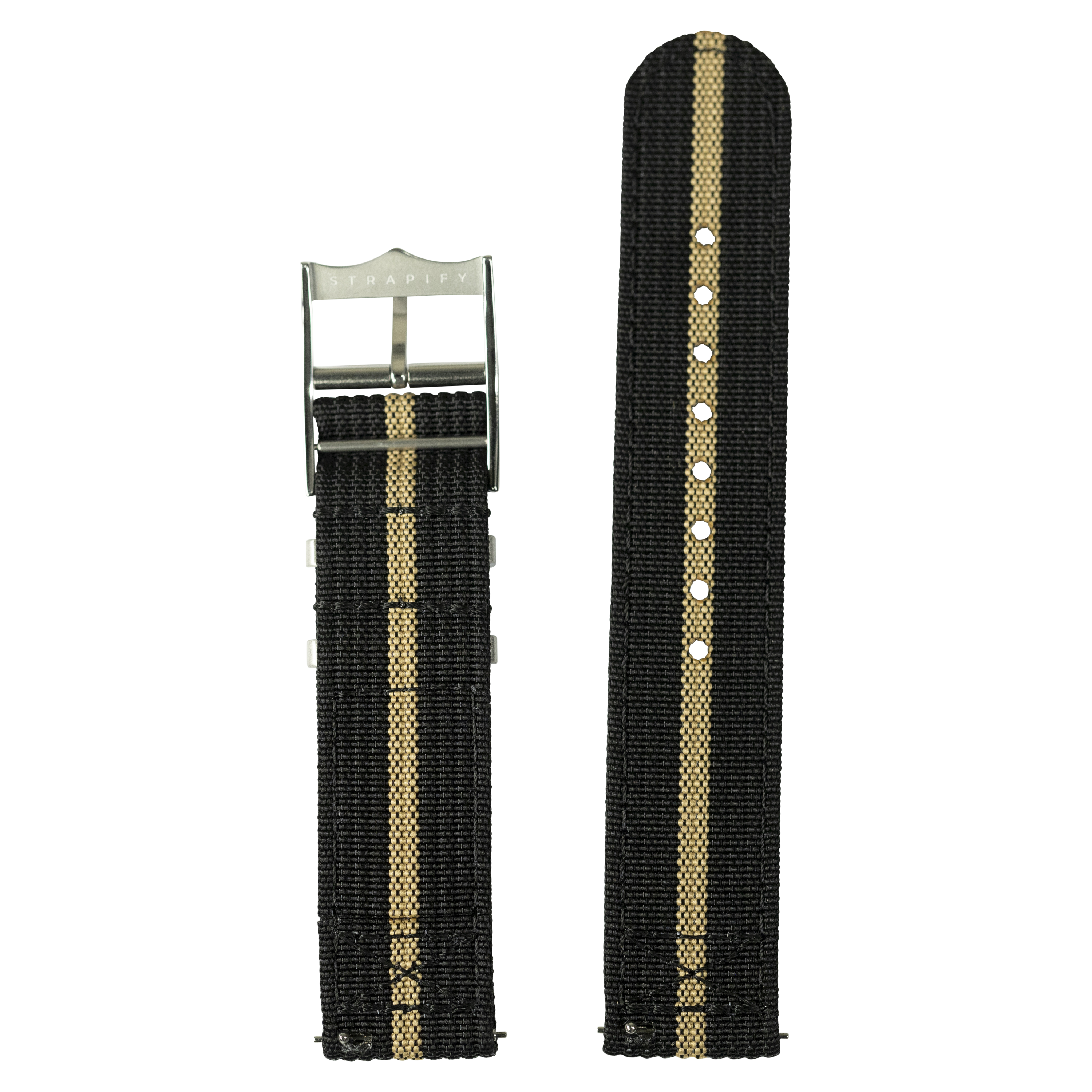 Black and tan striped canvas quick release watch strap with stainless steel buckle and hardware
