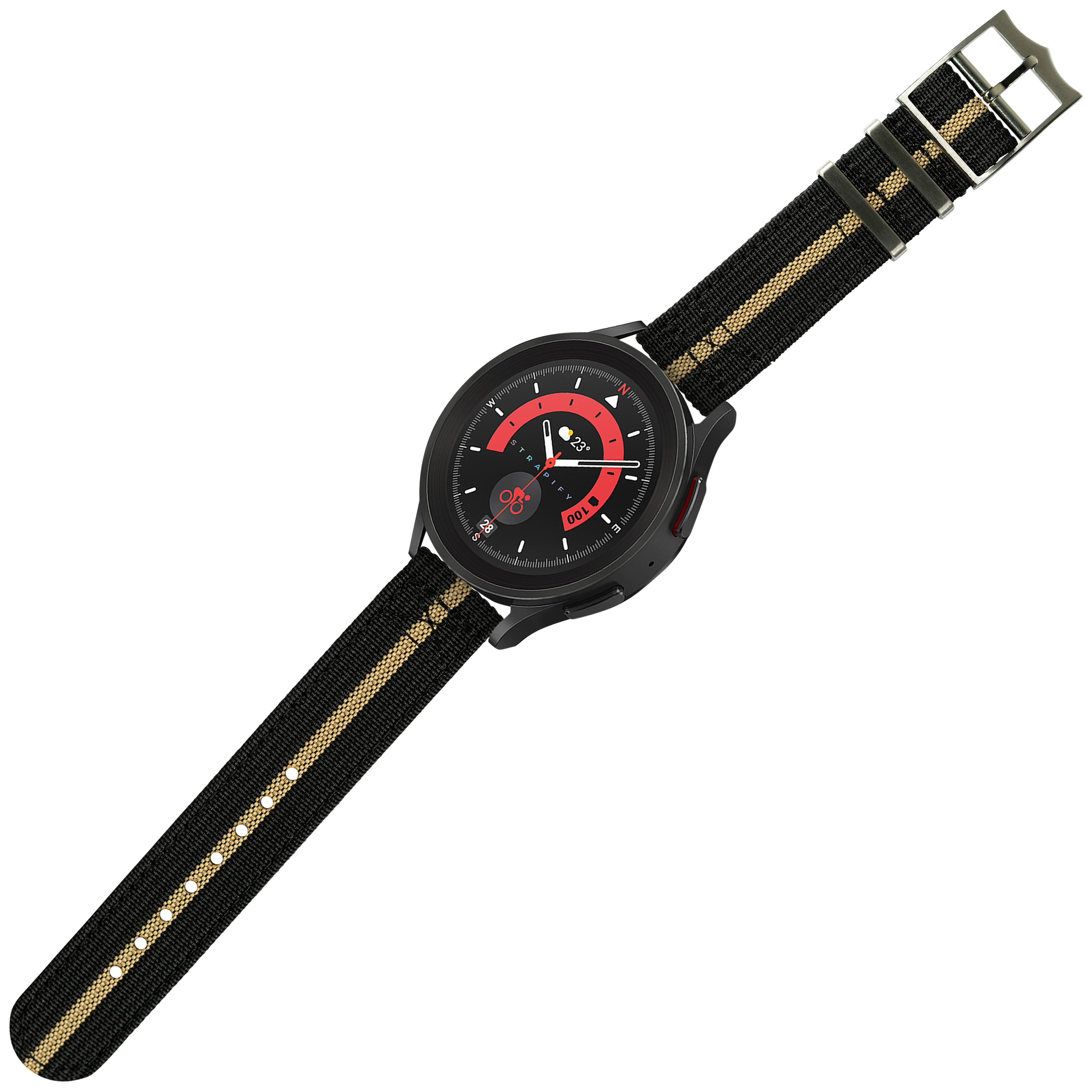 Black sport watch with red dial and black wheat striped quick release fabric band
